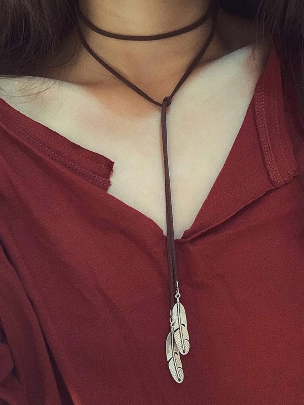Leather Wrap Lariat Necklace with Silver Feather Charms - Brown